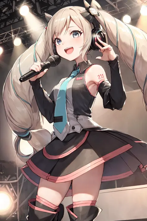 masterpiece, best quality, highres, ultra-detailed, (singing, crowd, concert, idol:1.4), smile, happy, <lora:Elise_fe_v1:0.8> elise_fe, <lora:mikuhatsunetest:0.5> miku hatsune, hair ornament, headphones, long hair, aqua necktie, black footwear, black skirt, black sleeves, boots, collared shirt, detached sleeves, grey shirt, pleated skirt, shirt, skirt, sleeveless, sleeveless shirt, thigh boots, tie clip