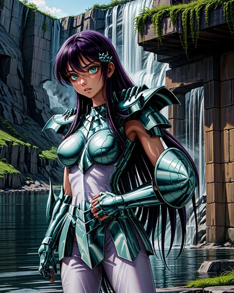 masterpiece, best quality, highres, solo, 1girl, green eyes, detailed background,waterfall,armor, <lora:more_details:0.7>,outdoor ,(medium breasts:1.5) ,<lora:shiryuV2:0.8>,green armor,purple hair,dragon final