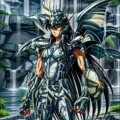 masterpiece, best quality, highres,male focus,saint seiya, solo, detailed background,fingerless gloves,pauldrons,<lora:more_details:0.6>, <lora:shiryuV2:0.9> ,waterfall,cloudy sky,light rays, sunlight,helmet,god cloth,wings,gauntlets, green armor, shoulder armor