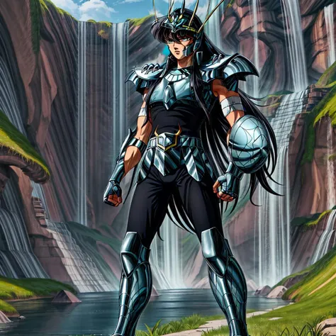 masterpiece, best quality, highres,male focus,saint seiya,  solo, detailed background,fingerless gloves,pauldrons,<lora:more_details:0.8>,  <lora:shiryuV2:0.9> ,dragon final,waterfall,cloudy sky,green armor,light rays, sunlight,black skirt,helmet,energy,bandaged arm,full body