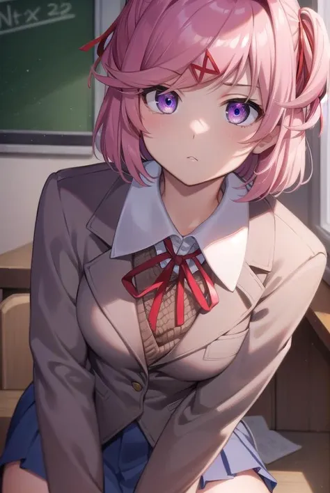 ddlcnatsuki, <lora:ddlcnatsukitest:1>,
ddlcnatsuki, fang, hair ornament, pink hair, (purple eyes:1.1), short hair, short sidetail, swept bangs, x hair ornament,
BREAK blazer, blue skirt, brown jacket, collared shirt, jacket, long sleeves, miniskirt, neck ribbon, pleated skirt, red ribbon, ribbon, school uniform, shirt, skirt, swept bangs, vest, white shirt, wing collar, x hair ornament,
BREAK looking at viewer,
BREAK indoors, classroom,
BREAK <lora:GoodHands-vanilla:1>, (masterpiece:1.2), best quality, high resolution, unity 8k wallpaper, (illustration:0.8), (beautiful detailed eyes:1.6), extremely detailed face, perfect lighting, extremely detailed CG, (perfect hands, perfect anatomy),