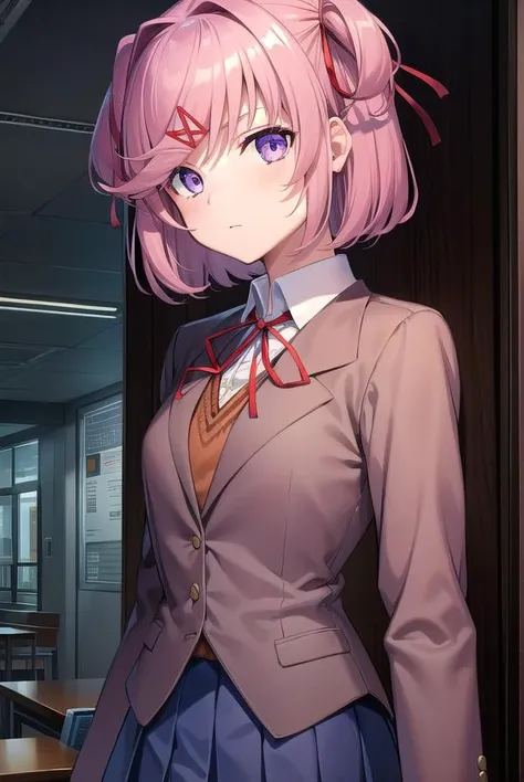 ddlcnatsuki, <lora:ddlcnatsukitest:1>,
ddlcnatsuki, fang, hair ornament, pink hair, (purple eyes:1.1), short hair, short sidetail, swept bangs, x hair ornament,
BREAK blazer, blue skirt, brown jacket, collared shirt, jacket, long sleeves, miniskirt, neck ribbon, pleated skirt, red ribbon, ribbon, school uniform, shirt, skirt, swept bangs, vest, white shirt, wing collar, x hair ornament,
BREAK looking at viewer,
BREAK indoors, classroom,
BREAK <lora:GoodHands-vanilla:1>, (masterpiece:1.2), best quality, high resolution, unity 8k wallpaper, (illustration:0.8), (beautiful detailed eyes:1.6), extremely detailed face, perfect lighting, extremely detailed CG, (perfect hands, perfect anatomy),