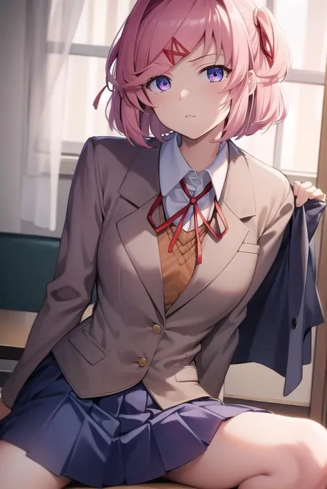 ddlcnatsuki, <lora:ddlcnatsukitest:1>,
ddlcnatsuki, fang, hair ornament, pink hair, (purple eyes:1.1), short hair, short sidetail, swept bangs, x hair ornament,
BREAK blazer, blue skirt, brown jacket, collared shirt, jacket, long sleeves, miniskirt, neck ribbon, pleated skirt, red ribbon, ribbon, school uniform, shirt, skirt, swept bangs, vest, white shirt, wing collar, x hair ornament,
BREAK looking at viewer,
BREAK indoors, classroom,
BREAK <lora:GoodHands-vanilla:1>, (masterpiece:1.2), best quality, high resolution, unity 8k wallpaper, (illustration:0.8), (beautiful detailed eyes:1.6), extremely detailed face, perfect lighting, extremely detailed CG, (perfect hands, perfect anatomy),