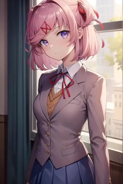 ddlcnatsuki, <lora:ddlcnatsukitest:1>,
ddlcnatsuki, fang, hair ornament, pink hair, (purple eyes:1.1), short hair, short sidetail, swept bangs, x hair ornament,
BREAK blazer, blue skirt, brown jacket, collared shirt, jacket, long sleeves, miniskirt, neck ribbon, pleated skirt, red ribbon, ribbon, school uniform, shirt, skirt, swept bangs, vest, white shirt, wing collar, x hair ornament,
BREAK looking at viewer,
BREAK indoors, classroom,
BREAK <lora:GoodHands-vanilla:1>, (masterpiece:1.2), best quality, high resolution, unity 8k wallpaper, (illustration:0.8), (beautiful detailed eyes:1.6), extremely detailed face, perfect lighting, extremely detailed CG, (perfect hands, perfect anatomy),