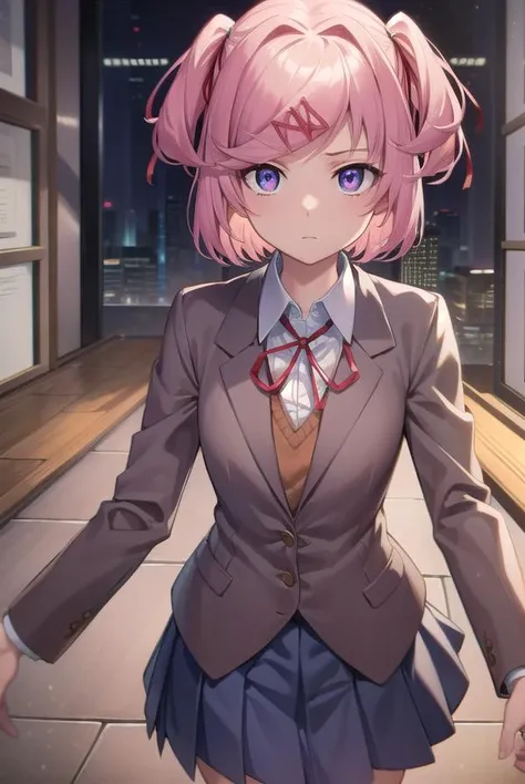 ddlcnatsuki, <lora:ddlcnatsukitest:1>,
ddlcnatsuki, fang, hair ornament, pink hair, (purple eyes:1.1), short hair, short sidetail, swept bangs, x hair ornament,
BREAK blazer, blue skirt, brown jacket, collared shirt, jacket, long sleeves, miniskirt, neck ribbon, pleated skirt, red ribbon, ribbon, school uniform, shirt, skirt, swept bangs, vest, white shirt, wing collar, x hair ornament,
BREAK looking at viewer,
BREAK indoors, classroom,
BREAK <lora:GoodHands-vanilla:1>, (masterpiece:1.2), best quality, high resolution, unity 8k wallpaper, (illustration:0.8), (beautiful detailed eyes:1.6), extremely detailed face, perfect lighting, extremely detailed CG, (perfect hands, perfect anatomy),