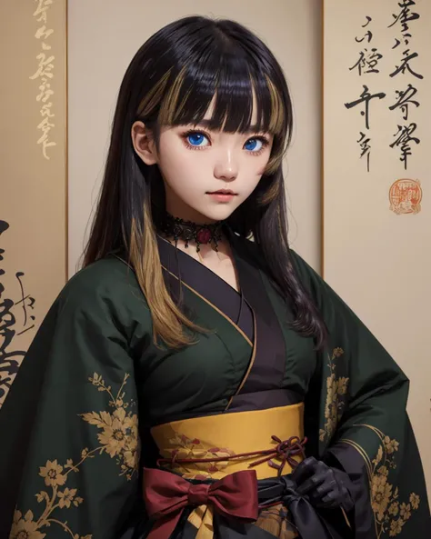 best quality,masterpiece,highly detailed,ultra-detailed, 1girl,<lora:neg4all_bdsqlsz_V3.5:-1> <lora:juufuuteiradenn:0.75> juufuuteiradenn, long hair, solo, multicolored hair, blunt bangs, blue eyes ,black choker, frills, kimono, black kimono,
east asian architecture,
<lora:animezer:3>