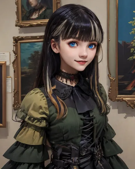 best quality,masterpiece,highly detailed,ultra-detailed, 1girl,<lora:neg4all_bdsqlsz_V3.5:-1> <lora:juufuuteiradenn:0.75> juufuuteiradenn, long hair, solo, multicolored hair, blunt bangs, blue eyes ,black choker, frills, evil smile, (gothic dress:1.2)
in art gallery,