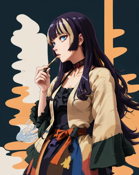 best quality,masterpiece,highly detailed,ultra-detailed, 1girl,<lora:neg4all_bdsqlsz_V3.5:-1> <lora:juufuuteiradenn:0.75> juufuuteiradenn, long hair, solo, multicolored hair, blunt bangs, blue eyes ,black choker, frills,, holding smoking pipe , smoking,
<lora:Acrylicink_last:1> <lora:Graphite_last:1> <lora:animezer:2> <lora:cartoon-photo_V2:1> <lora:Celluloid-photo:1> <lora:de-anime-er_v10:-0.3>
<lora:matureteen_last:1>
simple background,