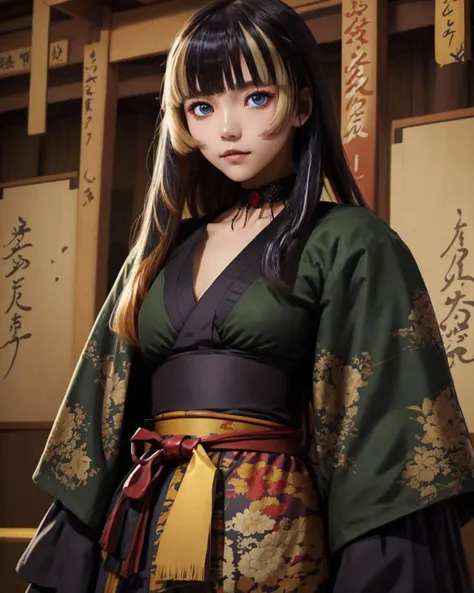 best quality,masterpiece,highly detailed,ultra-detailed, 1girl,<lora:neg4all_bdsqlsz_V3.5:-1> <lora:juufuuteiradenn:0.75> juufuuteiradenn, long hair, solo, multicolored hair, blunt bangs, blue eyes ,black choker, frills, kimono, black kimono,
east asian architecture,
<lora:animezer:3>