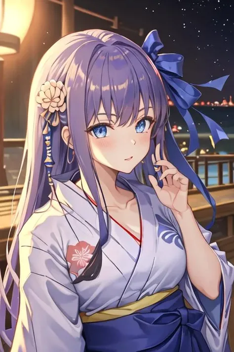 best quality, masterpiece, highres, solo, {yukata:1.40}, {kimono:1.20}, {meltryllis_fgo:1.15}, long_hair, purple_hair, blue_eyes, bangs, ribbon, hair_ribbon, very_long_hair, breasts, blue_ribbon, small_breasts, blush, collarbone