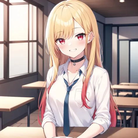 masterpiece, best quality, <lyco:GoodHands-beta2:1.0>, <lora:marinkitagawav1:0.6>, kitagawa marin, 1girl, blonde hair, long hair, multicolored hair, red eyes, jewelry, earrings, piercing, school uniform, white shirt, tied shirt, black choker, blue necktie, plaid skirt, indoors, inside, cafe, tables, coffee, open smile