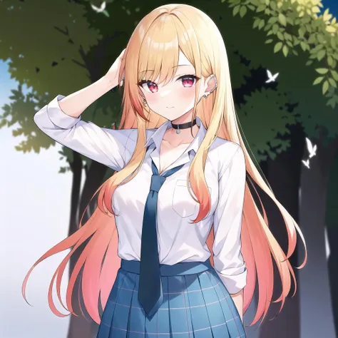 masterpiece, best quality,  <lyco:GoodHands-beta2:1.0>,  <lora:marinkitagawav1:0.6>, kitagawa marin, 1girl, blonde hair, long hair, multicolored hair, red eyes, jewelry, earrings, piercing, school uniform, white shirt, tied shirt, black choker, blue necktie, plaid skirt, outdoors, full body