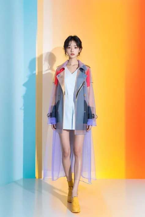 A girl, wearing a transparent long trench coat with light red, light yellow and light black, with a light blue color block, a light purple color block, a light red color block, a light gold color block, a light black color block, full body photo, facing the lens, beautiful face, photographic texture, movie texture, xm,