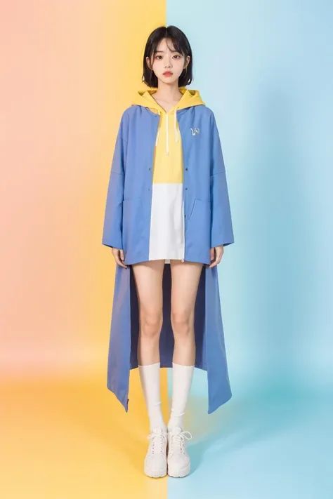 1 girl, wearing a light red and light yellow cloak, the background is light blue color block, light purple color block, light red color block, full body photo, facing the lens, beautiful face, photographic texture, movie texture, xm,