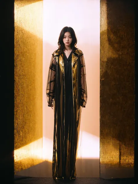 1 girl, wearing a long transparent trench coat in black, gold and light red, with blurred light and shadow in the background, hazy texture, full body photo, facing the camera, beautiful face, photographic texture, movie texture, xm,