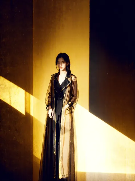 1 girl, wearing a long transparent trench coat in black, gold and light red, with blurred light and shadow in the background, hazy texture, full body photo, facing the camera, beautiful face, photographic texture, movie texture, xm,