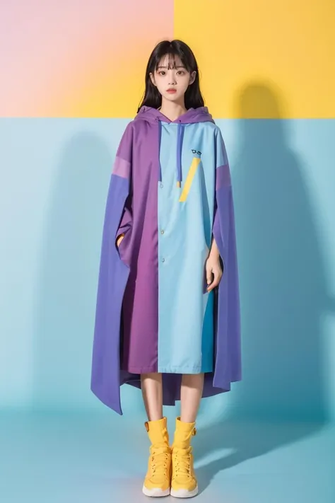 1 girl, wearing a light red and light yellow cloak, the background is light blue color block, light purple color block, light red color block, full body photo, facing the lens, beautiful face, photographic texture, movie texture, xm,