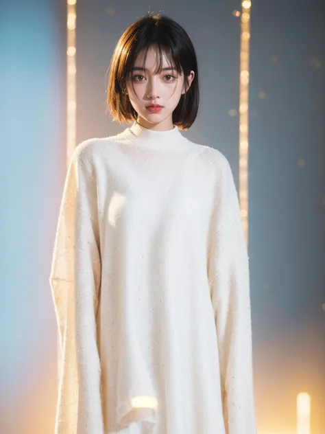 1 girl, wearing a long transparent sweater in gold and white, with blurred lights and shadows in the background, mixed with colored lights, hazy texture, full-body photos, facing the camera, beautiful face, photographic texture, movie texture, xm,