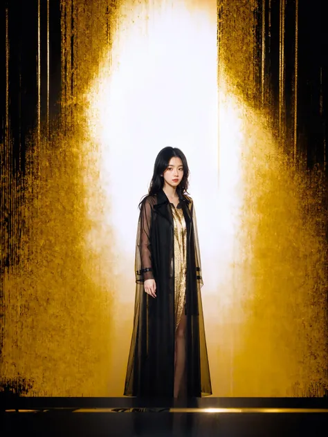 1 girl, wearing a long transparent trench coat in black, gold and light red, with blurred light and shadow in the background, hazy texture, full body photo, facing the camera, beautiful face, photographic texture, movie texture, xm,