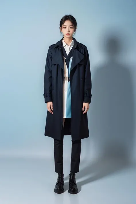 1 girl, wearing a long black and blue trench coat, the background is light blue color blocks, full body photo, facing the camera, beautiful face, photographic texture, movie texture, xm,