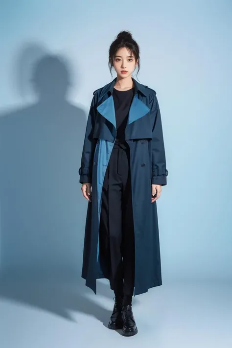 1 girl, wearing a long black and blue trench coat, the background is light blue color blocks, full body photo, facing the camera, beautiful face, photographic texture, movie texture, xm,