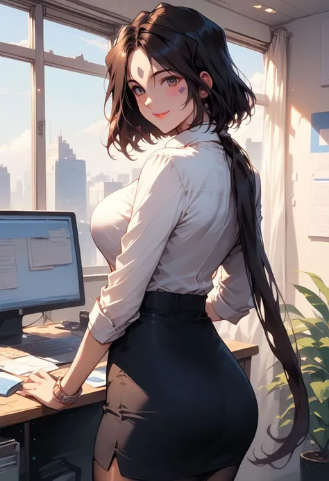 score_9, score_8_up, score_7_up, score_6_up, masterpiece, ultra detailed, best quality, source_anime, Expressiveh, BREAK,1girl, (Peorth, bob cut with low ponytail), smile, large breasts, office lady, pencil skirt, white shirt, pantyhose, office, desk, indoors, day, looking at viewer, from behind, looking back, (detailed face, detailed eyes), delicate features, soft lighting, warm colors