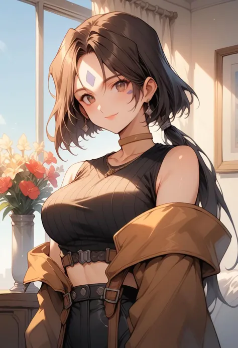 score_9, score_8_up, score_7_up, score_6_up, masterpiece, ultra detailed, best quality, source_anime, Expressiveh, BREAK, Peorth, bob cut with low ponytail, 1girl, smile, large breasts, black crop top, black short shorts, brown boots, clothing cutout, brown fingerless gloves, living room, day, shiny clothes, portrait,(detailed face, detailed eyes)