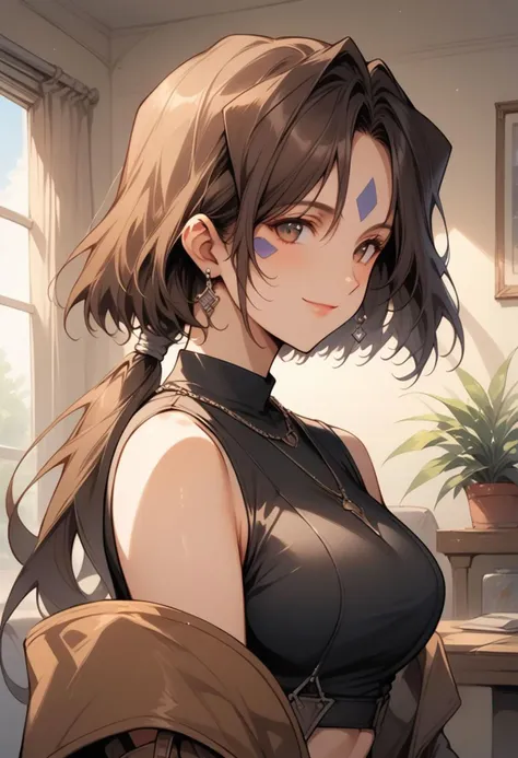 score_9, score_8_up, score_7_up, score_6_up, masterpiece, ultra detailed, best quality, source_anime, Expressiveh, BREAK, Peorth, bob cut with low ponytail, 1girl, smile, large breasts, black crop top, black short shorts, brown boots, clothing cutout, brown fingerless gloves, living room, day, shiny clothes, portrait,(detailed face, detailed eyes)