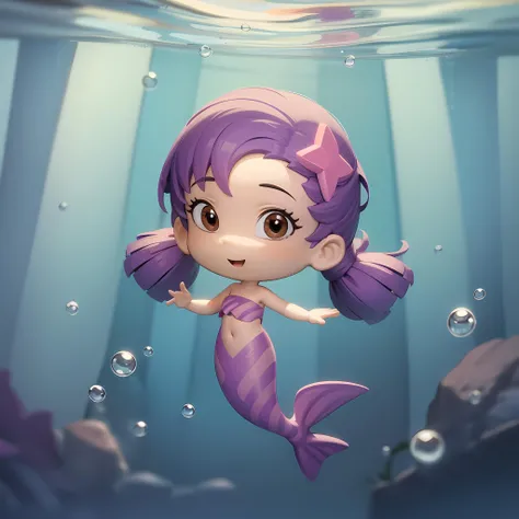 ((masterpiece, best quality)),solo,1girl, mermaid, brown eyes, purple hair, full body, oona, low pigtails, , <lora:Oona_BubbleGuppies1:0.6>, underwater, chibi, tube crop top,