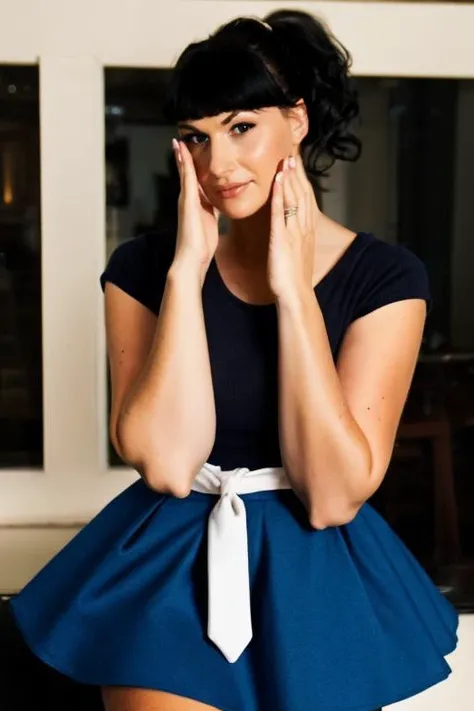 sfw, <lora:BaileyJay:1> BaileyJay, posing, fully clothed, 1990s school girl fashion, blue skirt, white conservative top, blue tie, ponytail, good anatomy, beautiful face, detailed hands, detailed face, beautiful young face, detailed fingers, black hair, bangs, trans woman with beautiful yoga body, natural small breasts, covered large erect penis bulge under clothing, elegant locations, masterpiece