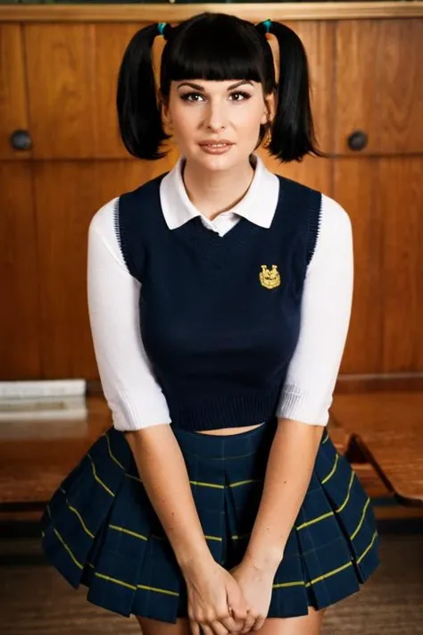 sfw, <lora:BaileyJay:1> BaileyJay, posing, fully clothed, 1990s school girl fashion, dark blue plaid skirt with white stripes, white conservative collared shirt top, blue tie around shirt collar, sweatervest, matching color schemes, ivy league seal, wearing pigtails, good anatomy, beautiful face, detailed hands, detailed face, beautiful young face, detailed fingers, black hair, bangs, trans woman with beautiful yoga body, natural small breasts, covered large erect penis bulge under clothing, ivy league academy background locations, masterpiece