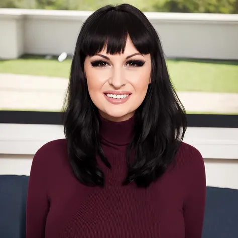 BaileyJay, long black hair, turtle neck, face focus, looking at you, smile, bangs <lora:BaileyJay:0.8>