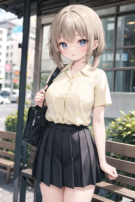 masterpiece, highly detailed, perfect, best quality, award-winning illustration, (intricate details:1.2), ultra-detailed, highres, extremely detailed, detailed clothes features, dynamic poses, looking at the viewer, 1girl,  young girl, blur background, tjmgv1
twintail, waiting for a bus, clear style, dark blown hair, short hair, hairbands
yellow shirt, pleated skirt, black skirt, uniform, clothes writing, breast pocket, <lora:TJMG_v3:0.5>