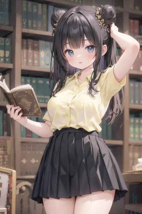 masterpiece, highly detailed, perfect, best quality, award-winning illustration, (intricate details:1.2), ultra-detailed, highres, extremely detailed, detailed clothes features, dynamic poses, looking at the viewer, 1girl,  young girl, blur background, tjmgv1
hair buns, reading in a library, dreamlike style
yellow shirt, pleated skirt, black skirt, uniform, clothes writing, breast pocket, <lora:TJMG_v3:0.5>