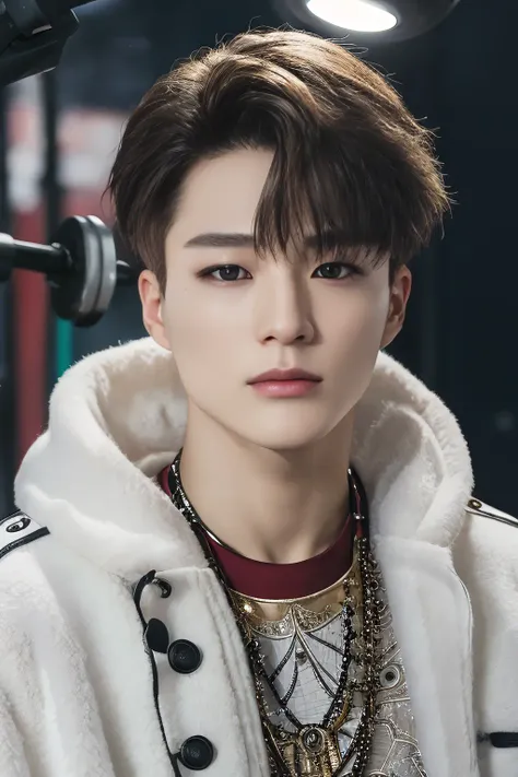 jenov2, facing front, (masterpiece, ultra quality, high resolution, 8k, intricate: 1.2), (detailed face:1.2), gym outfit, handsome, medium length hair, detailed skin, pores, absurdres, 1boy, male focus, ((realistic)), good lighting quality, ((pale skin)), brown eyes, stage background, perfect, <lora:jenov2:1>