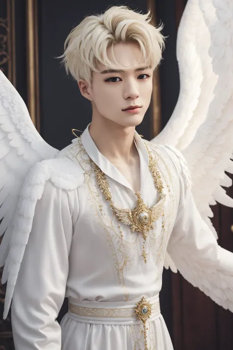 jenov2, (masterpiece, ultra quality, high resolution, 8k, intricate: 1.2), (detailed face:1.2), (angelic outfit:1.5), (giant elegant white angel wings:1.5) handsome, medium length hair, detailed skin, pores, absurdres, 1boy, male focus, ((realistic)), good lighting quality, ((pale skin)), brown eyes, heavenly garden background, perfect lower body, <lora:jenov2:0.9>