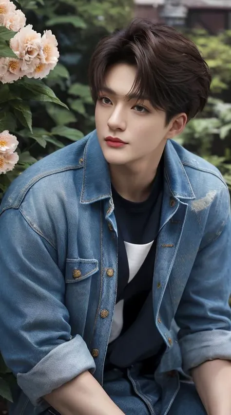 Best quality, ultra high resolution, ultra-detailed, style-empire, realistic, cinematic. A handsome korean man, thick eyebrows, gazing eyes, brown skin, shiny skin, black hair. He is wearing a denim jacket, white shirt inside, and denim jeans. He is at the garden, with lots of flowers. Half portrait, medium length close-up shot. <lora:jenov2:1>