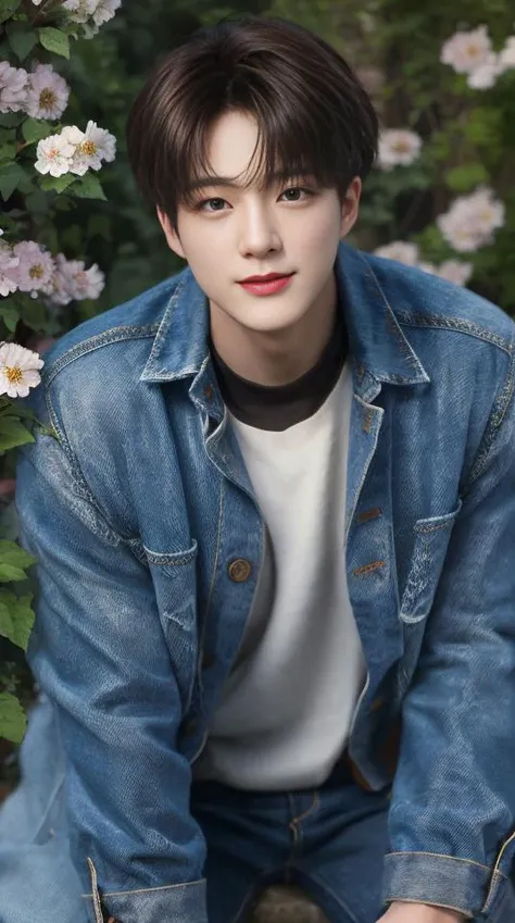 Best quality, ultra high resolution, ultra-detailed, style-empire, realistic, cinematic. A handsome korean man, thick eyebrows, gazing eyes, brown skin, shiny skin, black hair. He is wearing a denim jacket, white shirt inside, and denim jeans. He is at the garden, with lots of flowers. Half portrait, medium length close-up shot. He is smiling with teeth. <lora:jenov2:1>