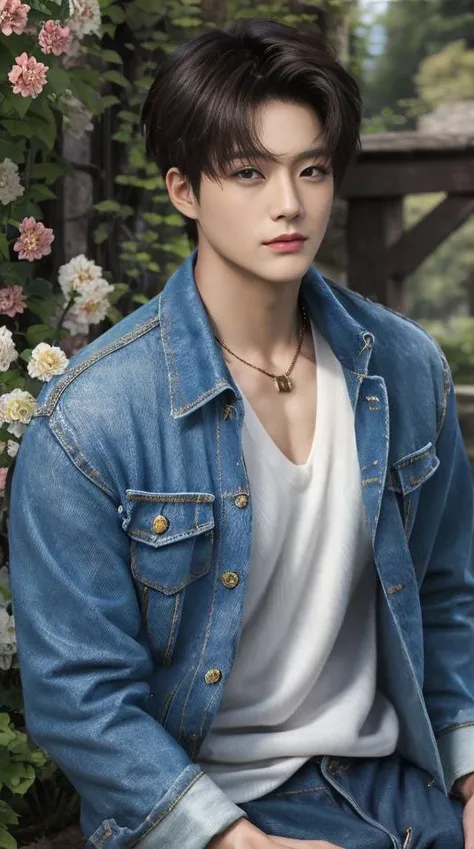 Best quality, ultra high resolution, ultra-detailed, style-empire, realistic, cinematic. A handsome korean man, thick eyebrows, gazing eyes, brown skin, shiny skin, black hair. He is wearing a denim jacket, white shirt inside, and denim jeans. He is at the garden, with lots of flowers. Half portrait, medium length close-up shot.  <lora:jenov2:1>