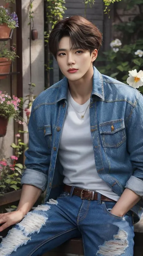 Best quality, ultra high resolution, ultra-detailed, style-empire, realistic, cinematic. A handsome korean man, thick eyebrows, gazing eyes, brown skin, shiny skin, black hair. He is wearing a denim jacket, white shirt inside, and denim jeans. He is at the garden, with lots of flowers. Half portrait, medium length close-up shot. <lora:jenov2:1>