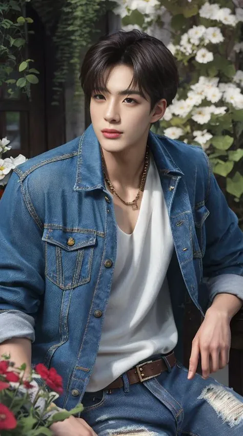 Best quality, ultra high resolution, ultra-detailed, style-empire, realistic, cinematic. A handsome korean man, thick eyebrows, gazing eyes, brown skin, shiny skin, black hair. He is wearing a denim jacket, white shirt inside, and denim jeans. He is at the garden, with lots of flowers. Half portrait, medium length close-up shot. <lora:jenov2:1>