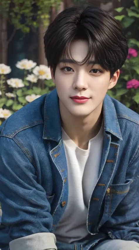 Best quality, ultra high resolution, ultra-detailed, style-empire, realistic, cinematic. A handsome korean man, thick eyebrows, gazing eyes, brown skin, shiny skin, black hair. He is wearing a denim jacket, white shirt inside, and denim jeans. He is at the garden, with lots of flowers. Half portrait, medium length close-up shot. He is smiling with teeth. <lora:jenov2:1>