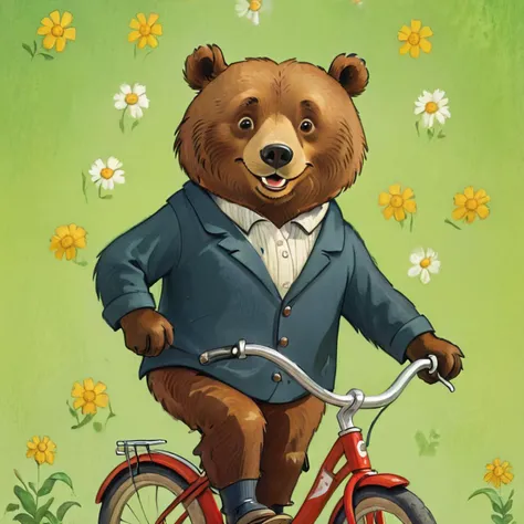 portrait of The happy bear on a bicycle, <lora:Childrens_book_illustration_by_Genrih_Valk:0.8> Genrih Valk illustration