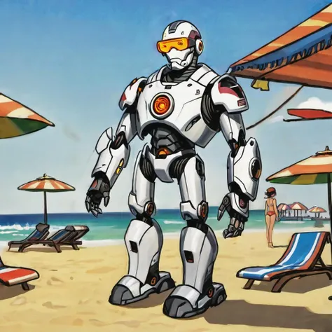 cyborg at sunny beach, <lora:Childrens_book_illustration_by_Genrih_Valk:0.8> Genrih Valk illustration