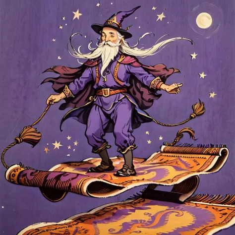 wizard with long beard on a magic carpet, <lora:Childrens_book_illustration_by_Genrih_Valk:0.8> Genrih Valk illustration