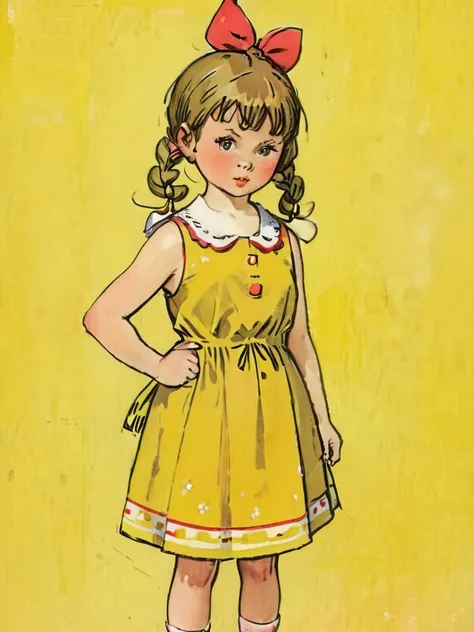 1960s portrait of soviet girl with bows and pigtails in yellow sundress, Genrih Valk illustration <lora:Childrens_book_illustration_by_Genrih_Valk:1.0>