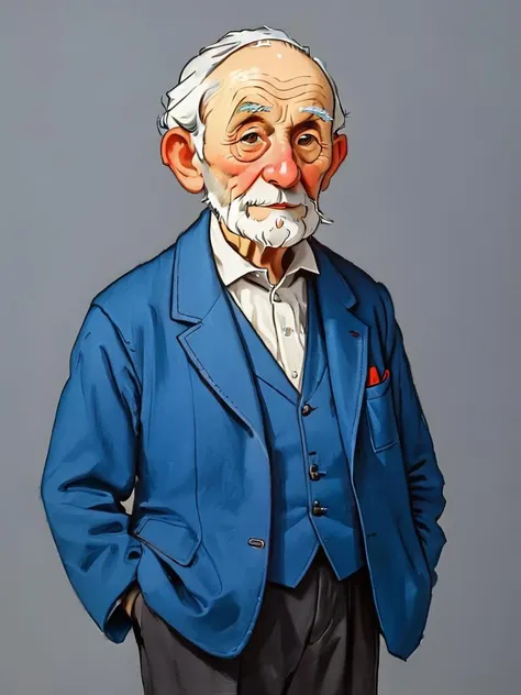 portrait of old professor in blue three-piece jacket, Genrih Valk illustration <lora:Childrens_book_illustration_by_Genrih_Valk:0.8>