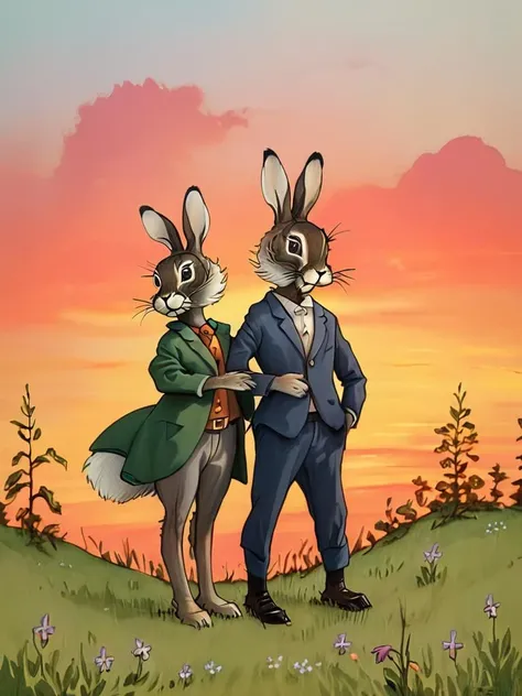 hares at sunset, Genrih Valk illustration <lora:Childrens_book_illustration_by_Genrih_Valk:1.0>