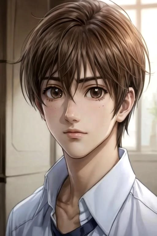 masterpiece, best quality, , 1boy, solo, male focus, looking at viewer, upper body, depth of field, anime coloring, realistic, <lora:jun_yamamoto:0.72>, jun_yamamoto, brown hair, brown eyes, , ,