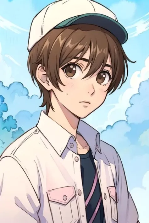 masterpiece, best quality, illustration, 1boy, solo, male focus, looking at viewer, upper body, , (watercolor illustration, soft pastel colors:1.1), realistic, <lora:jun_yamamoto:0.68>, jun_yamamoto, brown hair, brown eyes, , snapback, ,